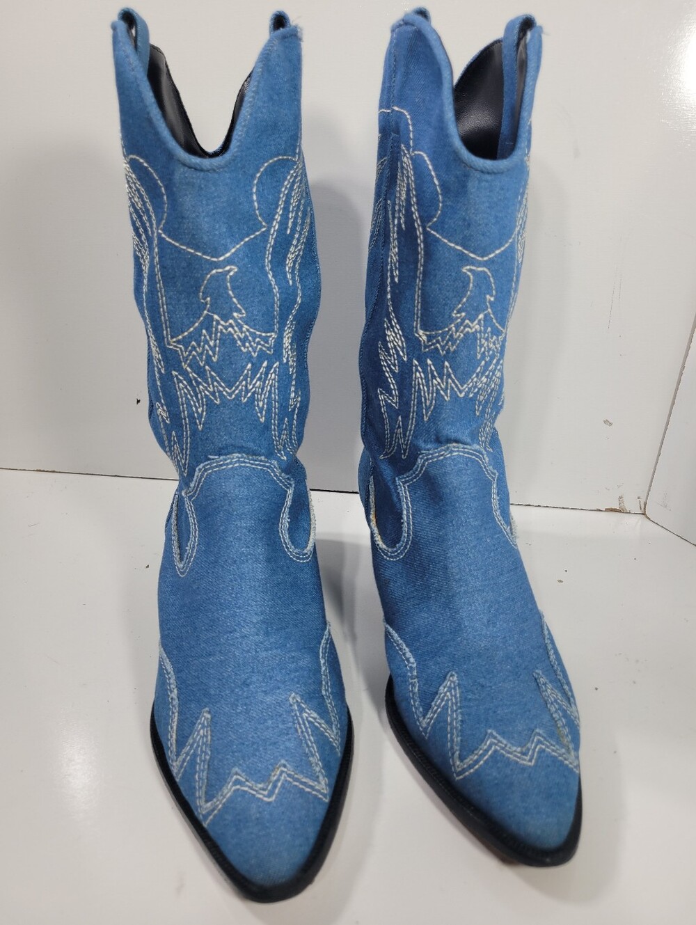 Schutz Cicera Blue Denim Western Cowboy Boots Size 8 Women’s Embroidered